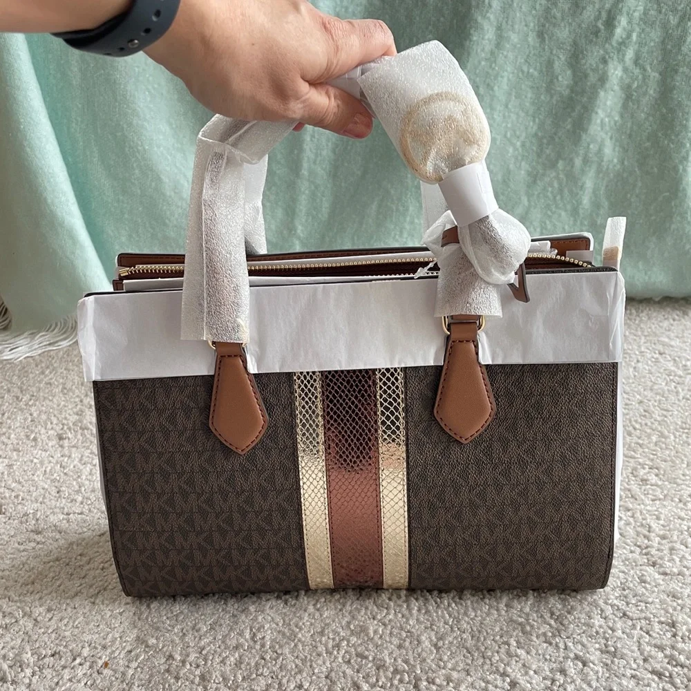 Michael Michael Kors MK Logo Sheila Medium Signature Metallic Satchel Purse